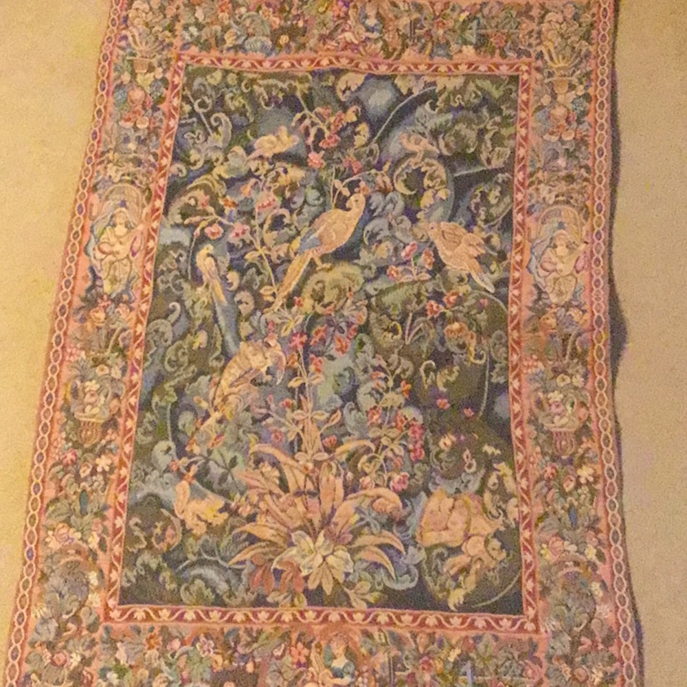 Blue and rust colored wall tapestry